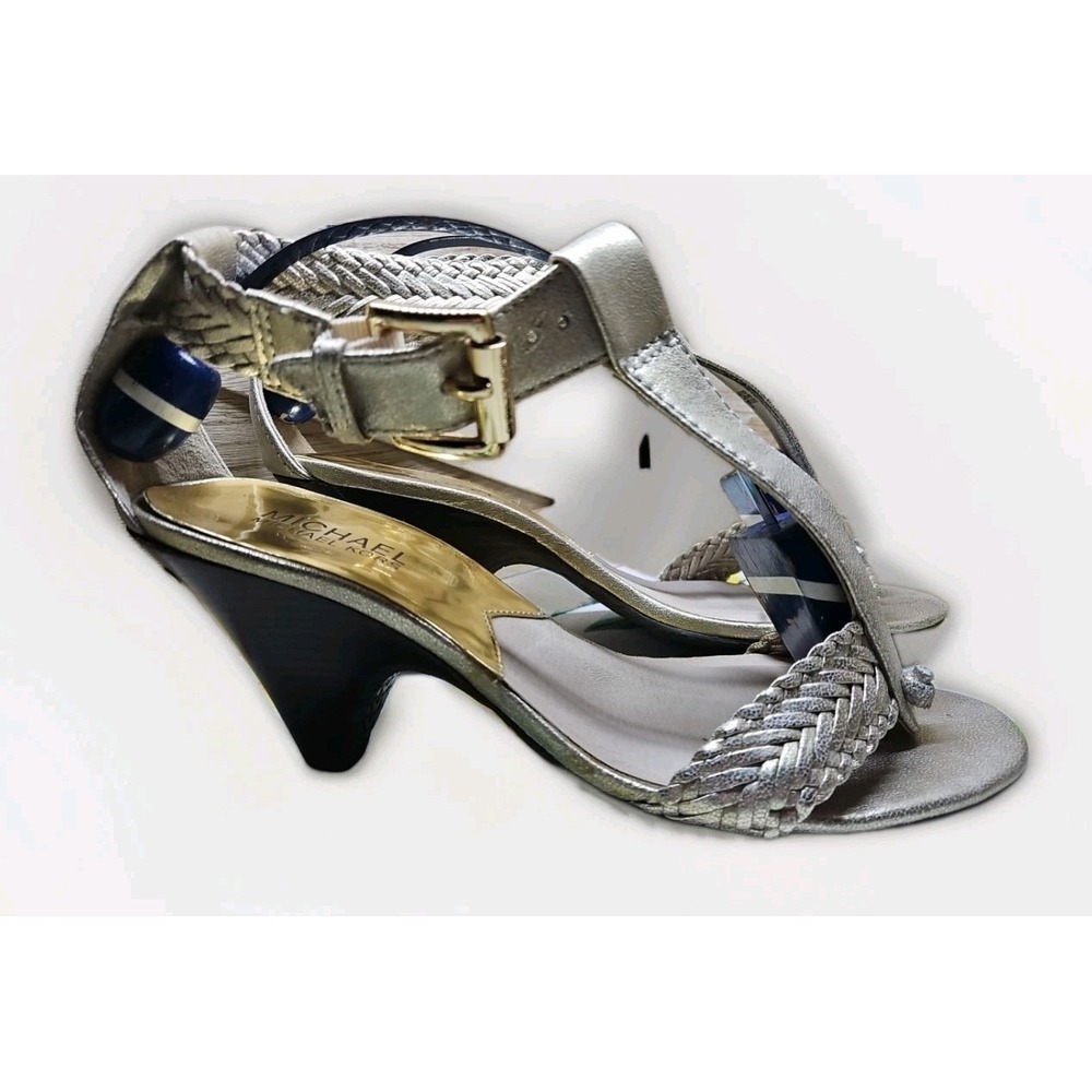 Michael Kors 7.5 Bronze Juniper T-Strap Textured Sandal Cone‎ Heel Braided #449